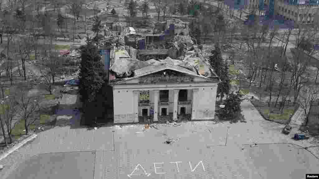 The Mariupol theater in April 2022, after a reported missile or shelling attack destroyed the historic building and killed many inside. 