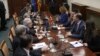 Еврокомесарот Јоханес Хан и европратениците Иво Вајгл, Едвард Кукан и Кнут Флекенштајн на средба со раководството на СДСМ