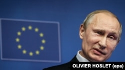 Президент Росії Володимир Путін під час пресконференції за підсумками саміту Росія-ЄС у штаб-квартирі Європейської Ради в Брюсселі, 28 січня 2014 року