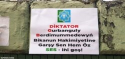 Suratdan mälim bolşuna görä, ýüzlenmäniň her sözi baş harp bilen, ýöne “goş” sözi kiçi harp bilen, “Ses” sözi ýaşyl reňkde, “diktator” sözi gyzyl harplar bilen ýazylypdyr.