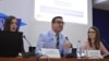 Презентација на мониторинг за судски реформи: Ива Цоневска од Институтот за европска политика, Мирослав Драганов од Институтот за човекови права и Ангела Шумкоска од Здружението на млади правници