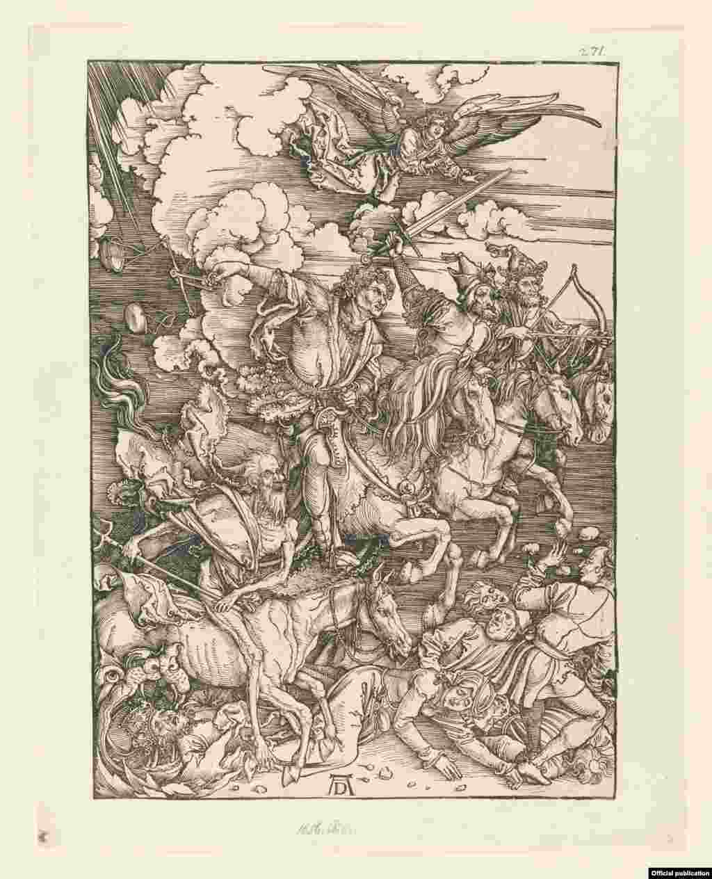 Cei patru cavaleri ai Apocalipsului, figura 3 din „Apocalips”, 1497/98 (Muzeul Național German, Nüremberg)